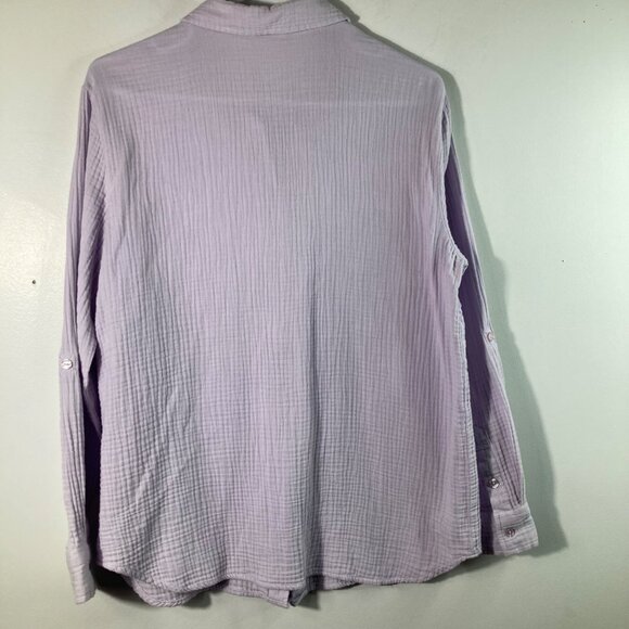 Womens Social Standard Gauze Long Sleeve Button Shirt Lilac L Cotton Pockets Rol - Picture 2 of 10